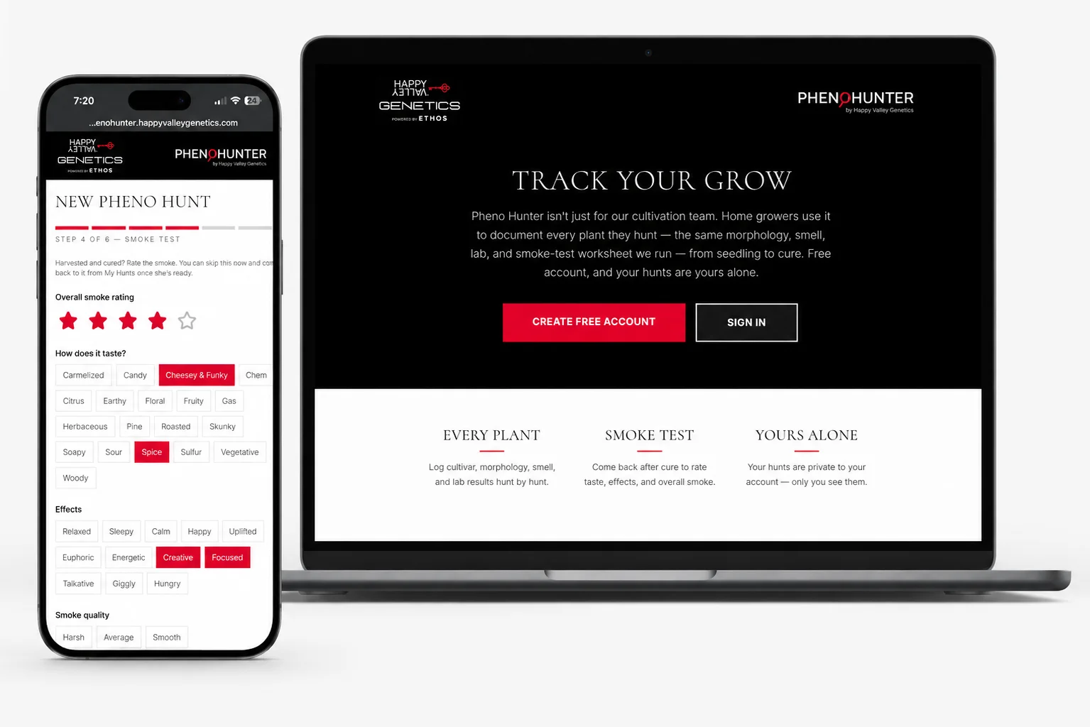 PhenoHunter web app on a laptop and phone — Track Your Grow landing page and the New Pheno Hunt smoke-test step