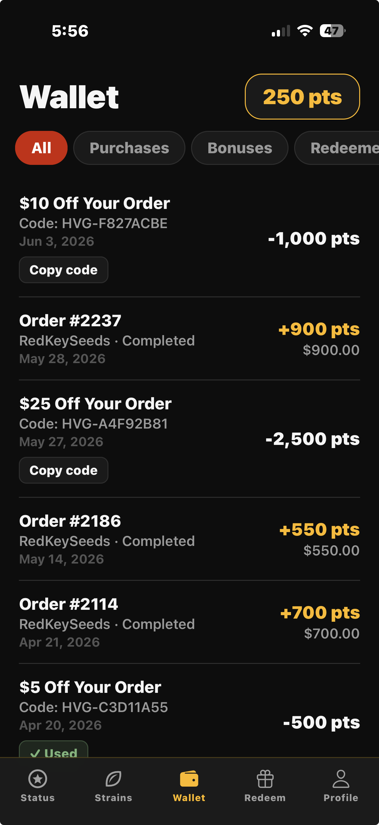 Wallet — points and redemptions